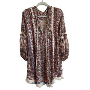 Raga Floral Long Sleeve Fringe Hem Dress. Size XS